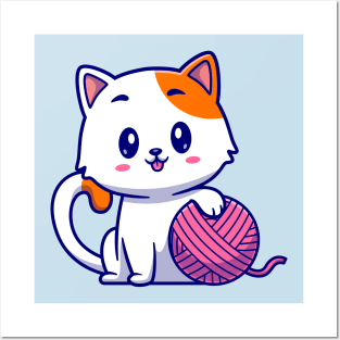 Cute Cat Playing Yarn Ball Cartoon Posters and Art